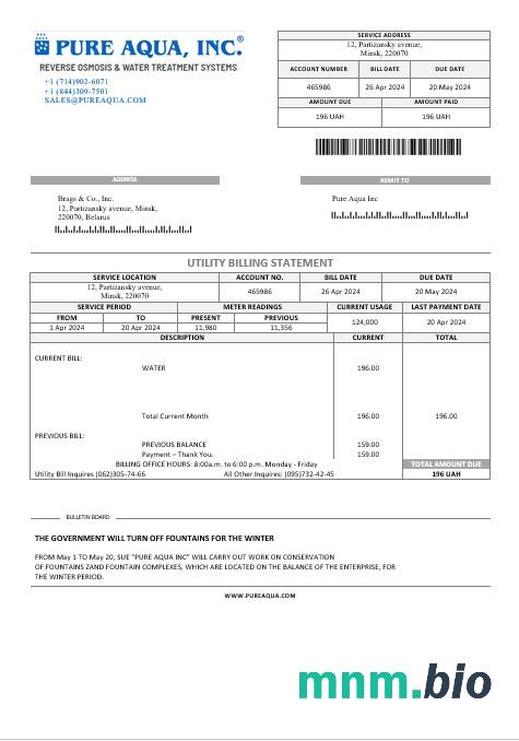 Belarus Pure Aqua Inc rachunek za usługi komunalne Word and PDF template